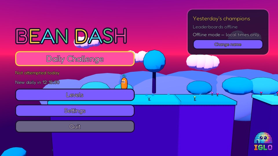 The Bean Dash title screen over today's daily level